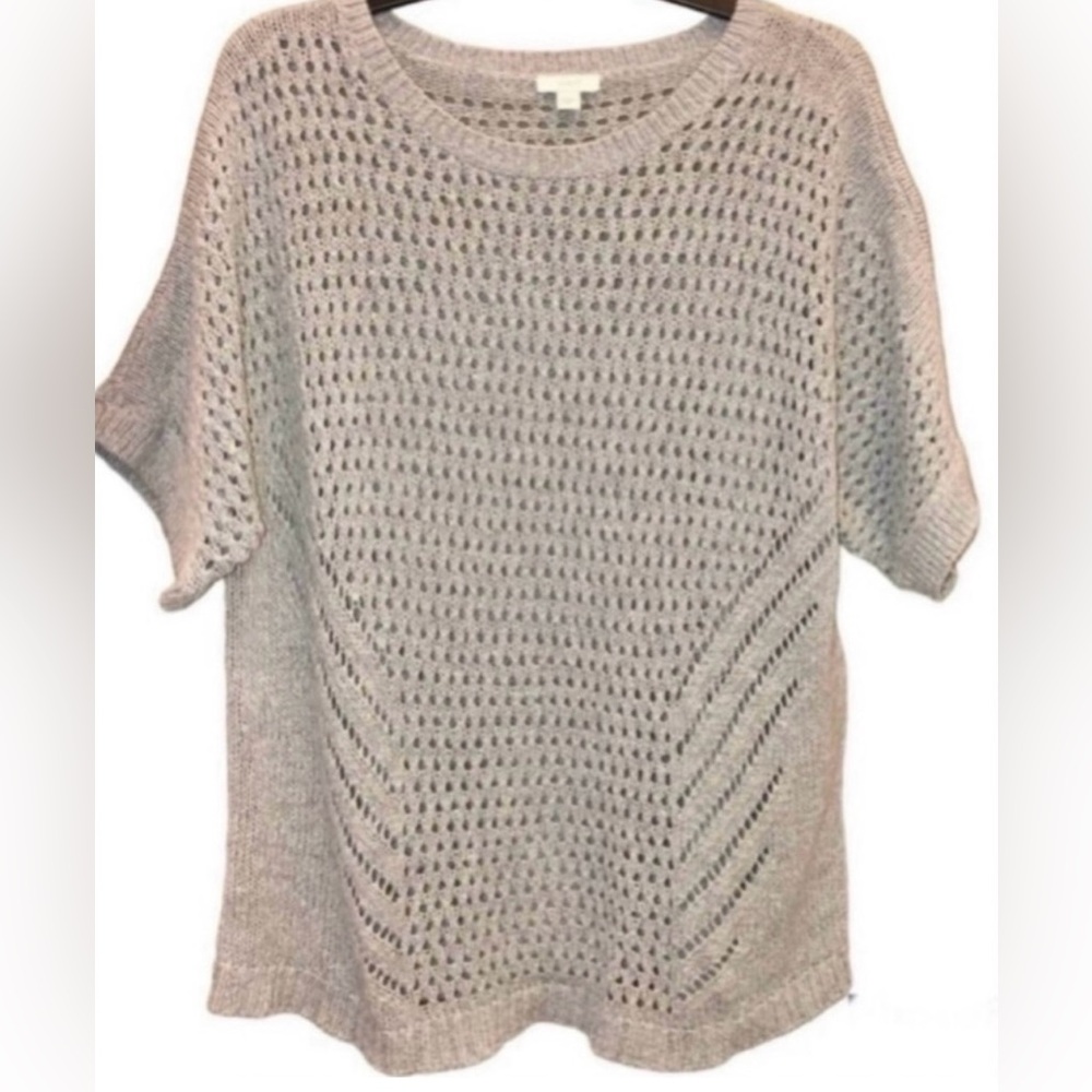 Pure Jill women’s Large Petite short sleeve crocheted open knit tan sweater